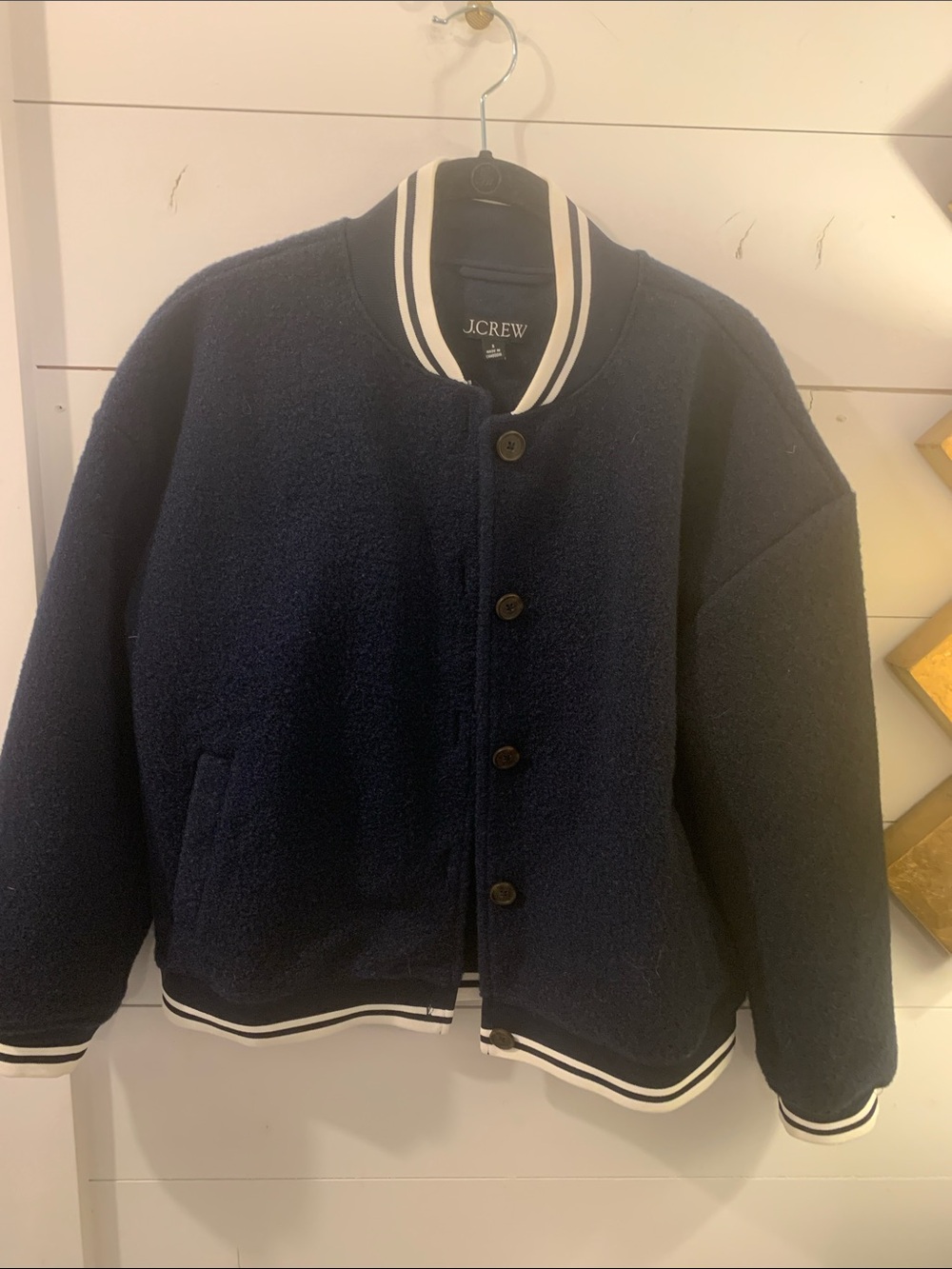 J. Crew navy wool felted football/ athletic jacket size small.